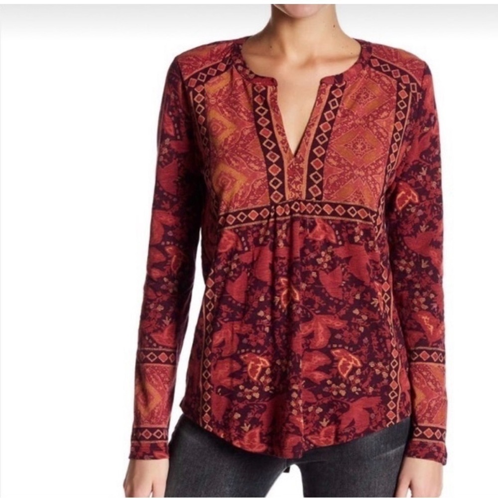 Lucky Brand long sleeve v-neck split back tunic top SZ S burgundy